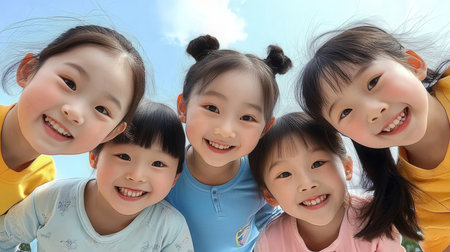 Group of asian children smiling and looking at camera on blue sky backgroundの素材