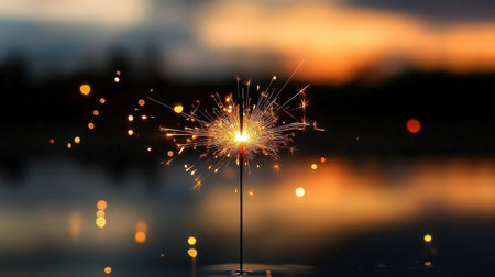 sparkler on the background of the night sky and the lakeの素材