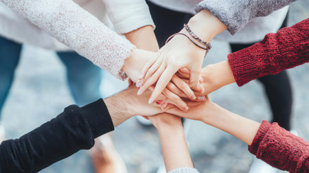 Teamwork concept. Close up of business people holding hands together.の素材