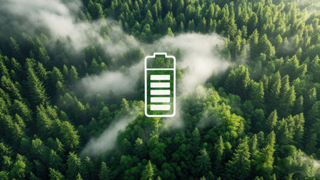 Low-Polygonal Battery Icon with Foggy Forest Background.の素材