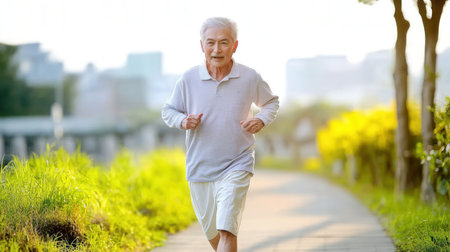 Senior Japanese man jogging in the park. Healthy lifestyle concept.の素材
