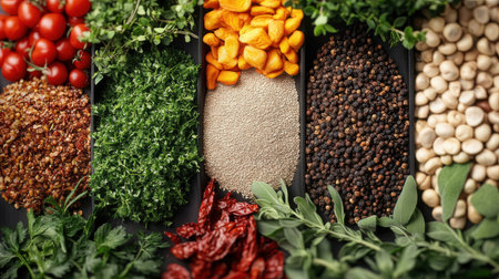 Composition with different spices and vegetables, closeup. Healthy foodの素材