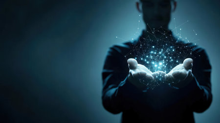 Businessman holding glowing network hologram in his hands. 3D renderingの素材