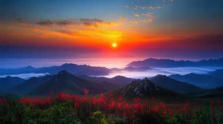 Sunrise over the mountains with fog and red flowers in the foregroundの素材