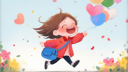 Happy girl running with balloons in the sky - illustration for children.の素材