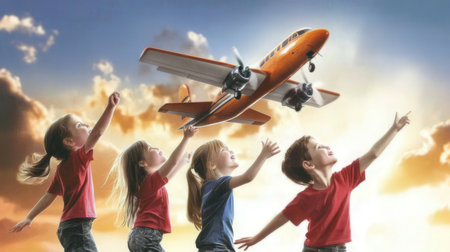 Group of happy kids playing with toy airplane on sky background. Mixed mediaの素材