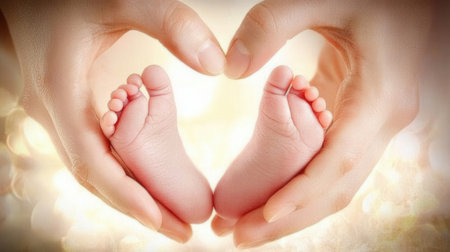 Baby feet in the hands of mother and father on abstract background.の素材