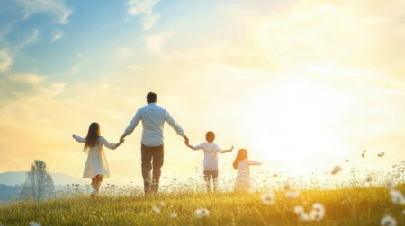 Happy family holding hands and walking on the meadow at sunset.の素材