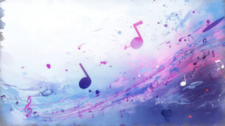 Abstract music background with musical notes and watercolor splashes. Vector illustration.の素材