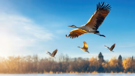 Flying storks on the background of blue sky and lake. Nature composition.の素材