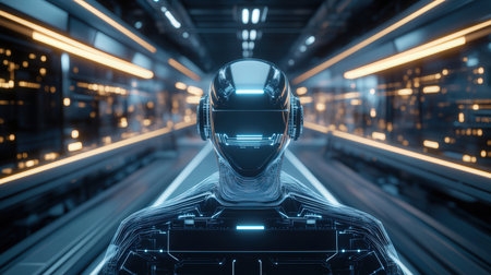 3d rendering humanoid robot or cyborg looking at something in a futuristic spaceの素材