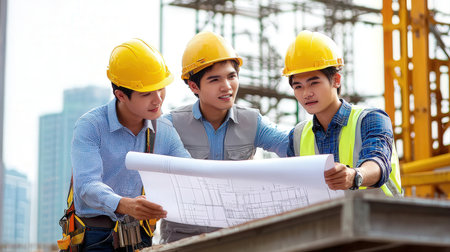 Team of engineers and architects discussing construction plan at construction site. Asian peopleの素材