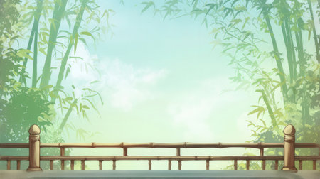 Wooden balcony with bamboo trees and blue sky background. 3D Renderingの素材