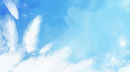 White feathers on a blue background. Place for your text. Copy space.の素材