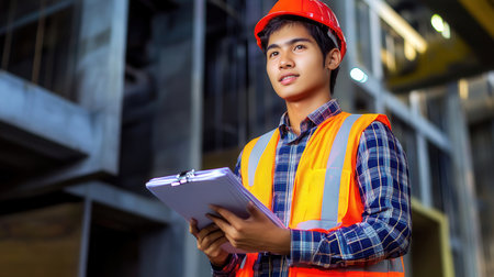 Portrait of young Asian man engineer holding clipboard in front of construction siteの素材