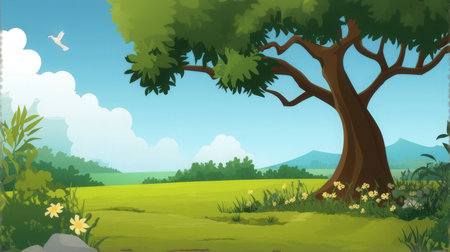 Vector illustration of a summer landscape with a big tree and meadowの素材
