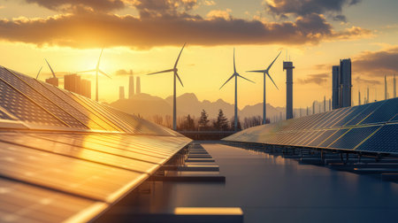 Solar panels and wind turbines on the roof of a solar power plantの素材