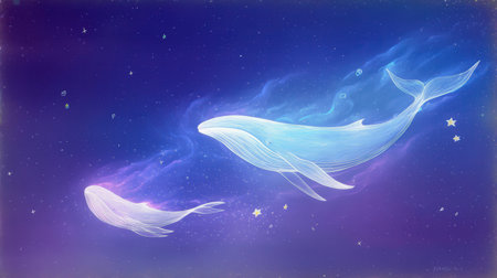 Blue whale in the night starry sky. 3D illustration.の素材