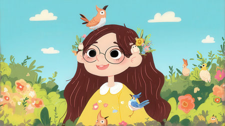 Cute little girl in the meadow with birds. Vector illustration.の素材