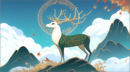 Illustration of a deer on the background of a mountain landscape.の素材