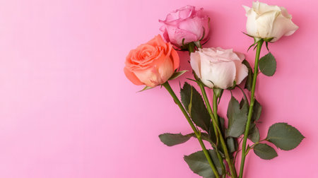 Pink and white roses on pink background. Flat lay, top view.の素材