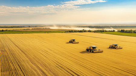 Aerial view on the combine working on the large wheat field.の素材