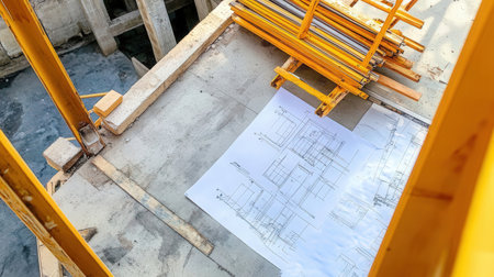 construction site with scaffolding, crane and floor plan at building siteの素材