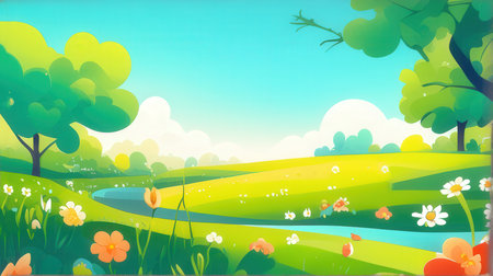 Spring landscape with meadow and flowers. Vector illustration. EPS10の素材