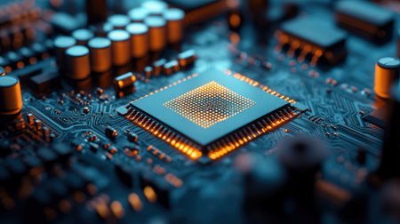 Close up of electronic circuit board. Technology background. 3d renderingの素材
