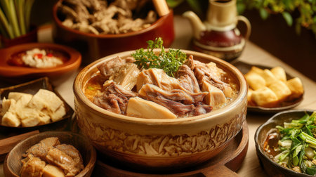 Beef stewed with vegetables and tofu in pot on wooden tableの素材