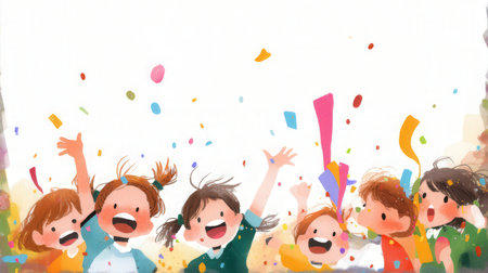 Illustration of a group of kids celebrating a party with confettiの素材