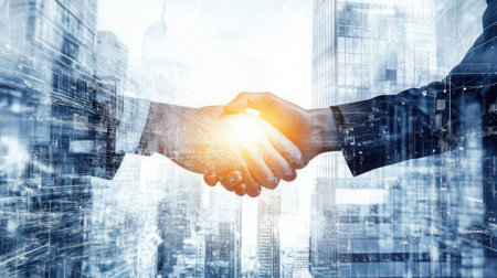 Partnership concept with two businessmen shaking hands over cityscape backgroundの素材