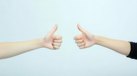 Male and female hands showing thumbs up sign on white background, close upの素材