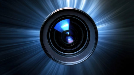 Camera lens with lens flare effect on a dark blue background. 3d renderingの素材