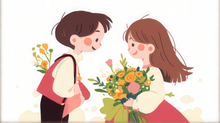Illustration of a boy giving a bouquet of flowers to his girlfriendの素材