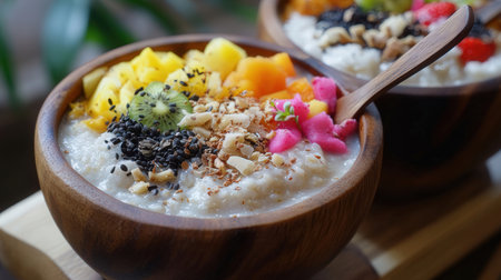 Oatmeal porridge with mango, kiwi, pineapple and coconut in wooden bowlの素材