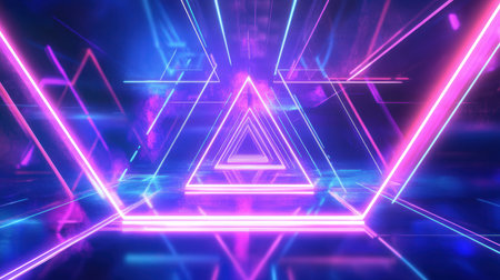 3D abstract background with neon lights. neon tunnel.space construction. 3d illustrationの素材