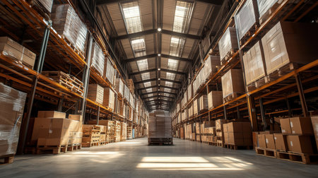 Warehouse interior with fixtures and boxes. Industrial background. 3d renderingの素材