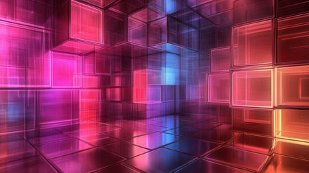 3D rendering of abstract background with glowing cubes in empty space.の素材