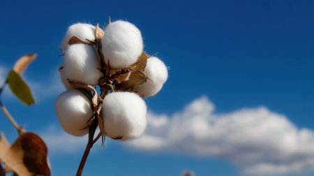 Cotton plant ready for harvesting, close-up on blue sky backgroundの素材