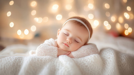 Cute newborn baby girl sleeping on a white knitted blanket. Christmas and New Year concept.の素材