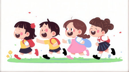 Illustration of a group of happy kids running in the park.の素材