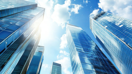 Bottom view of modern skyscrapers in business district at sunny dayの素材