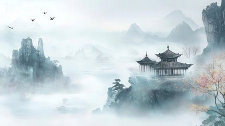 Chinese traditional pavilion in the mist. Panoramic view.の素材