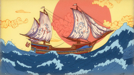 Vintage sailing ship in the sea. Hand drawn vector illustration.の素材