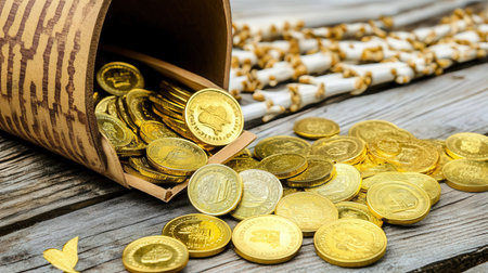 Pile of gold coins in the old wooden box on the tableの素材