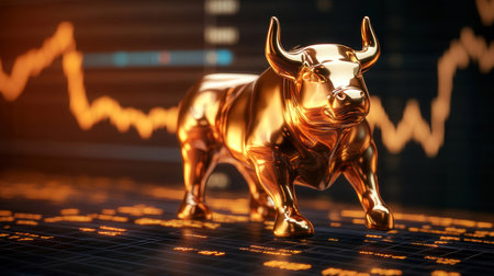 gold bull on the stock market graph background. 3d illustration.の素材