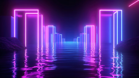 3D abstract background with neon lights. Neon tunnel. 3d illustrationの素材