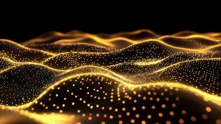 3d rendering of golden particles wave flow on dark background with depth of fieldの素材