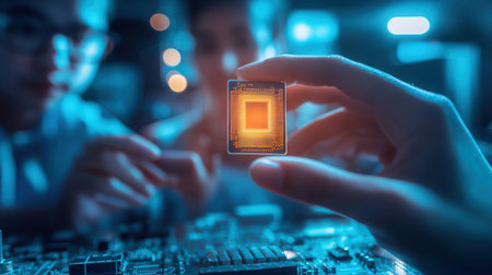 Close-up of hand holding microprocessor on the motherboard with blurred backgroundの素材